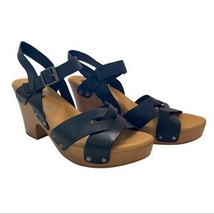 Black Leather Platform Sandal with Wood-Tone Heel